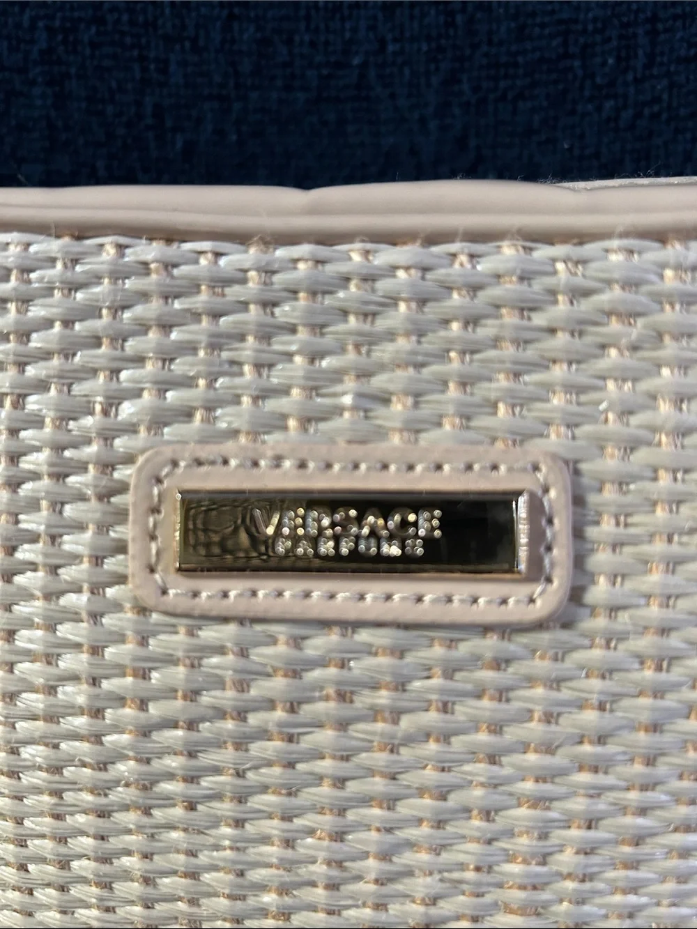 Versace Parfums Cream Woven Straw Cosmetic Bag with Rectangular Gold Logo Plaque